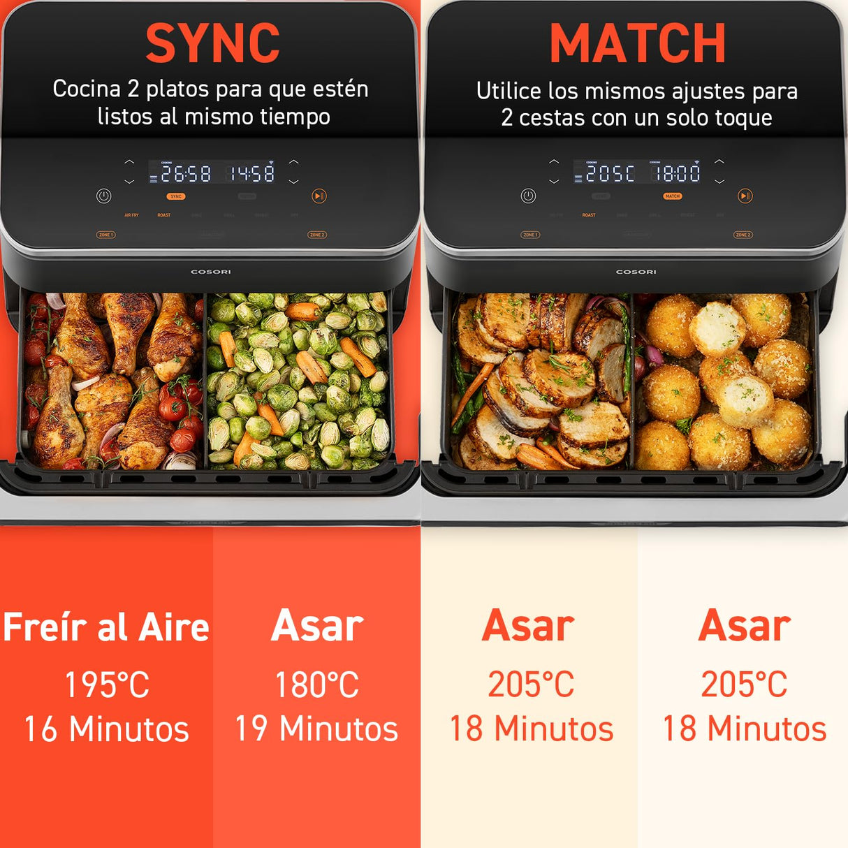 Cosori Freidora de Aire Grande-True Acero Inox-4 Resistencias Dual Blaze TwinFry 10 L-Flexible Doble Cesta Air Fryer 2800 W- Smart WIFI Control– 66 % Eficiencia Energética-6 en 1-Máx 10 Personas