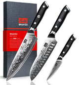 SHAN ZU 3 Piezas Juego de Cuchillo de Cocina Damasco, Set Cuchillo de Cocina Japones de Acero Damasco de 67 Capas, Cuchillo de Chef Cuchillo Santoku Cuchillo Pelador - PRO Series