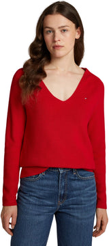 Tommy Hilfiger Jersey Mujer Cardi Fine Cuello de Pico, Rojo (Primary Red), S