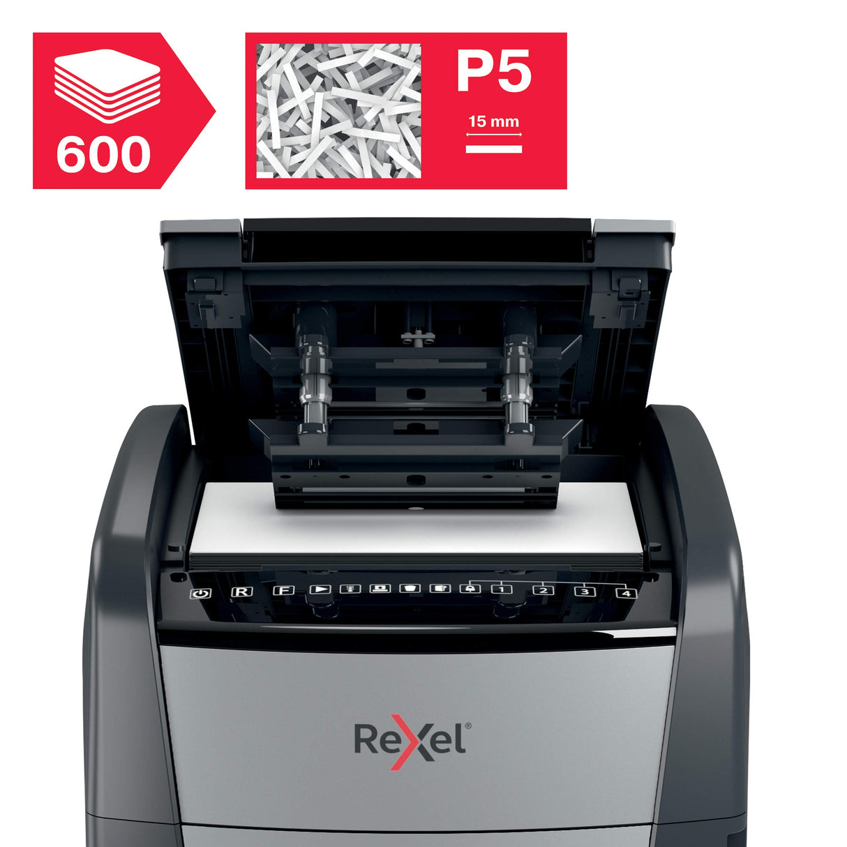 Rexel Optimum Autofeed Destructora de Papel de Alimentación Automática con Microcorte P5, 600 Hojas, Papelera de 110 L, con Ruedas, 2020600M