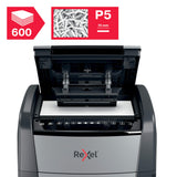 Rexel Optimum Autofeed Destructora de Papel de Alimentación Automática con Microcorte P5, 600 Hojas, Papelera de 110 L, con Ruedas, 2020600M