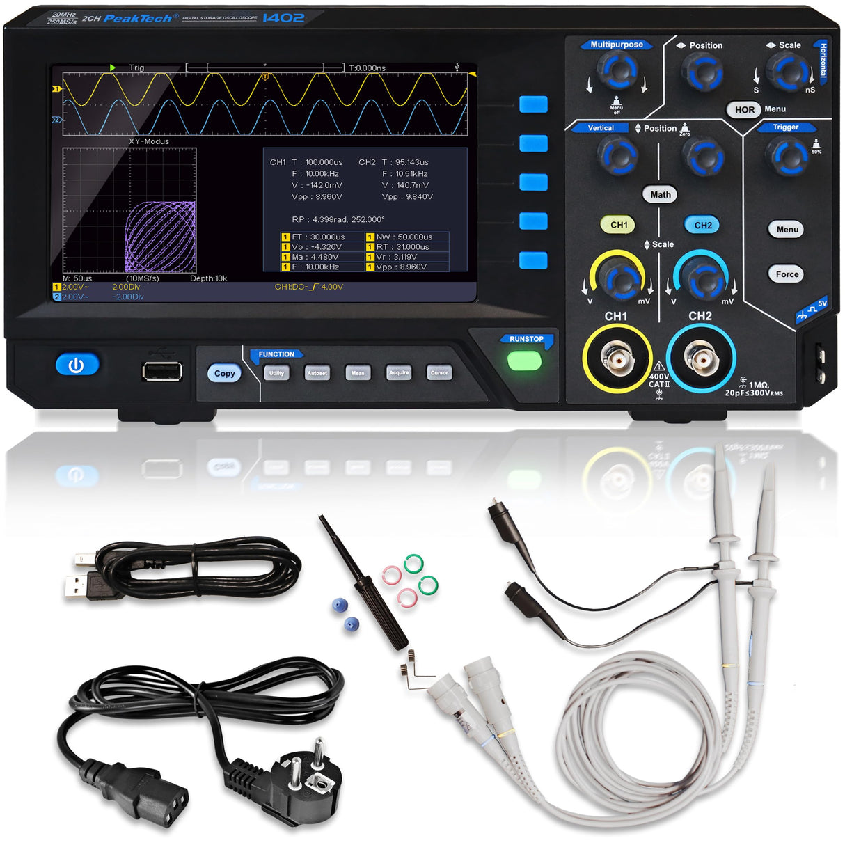 PeakTech, 1402, Osciloscopio digital de 2 canales [3 años de garantía] 20 MHz, 250MS/s, Interfaz USB, Software para PC, Osciloscopio P 1402, Negro, Osciloscopio USB, Multímetro osciloscopio