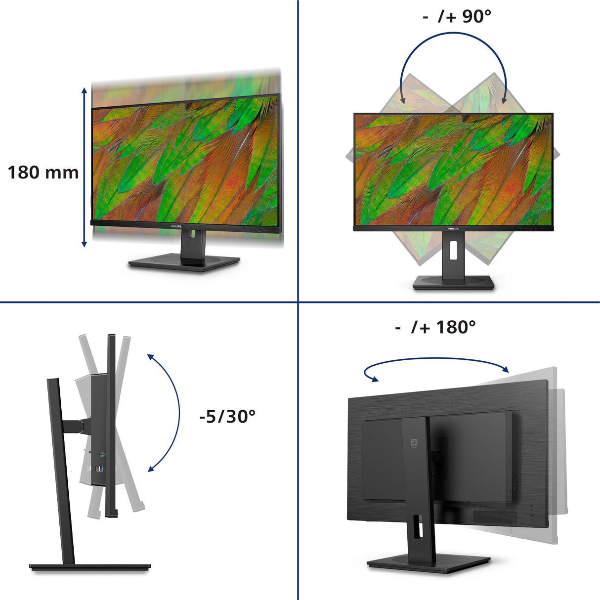 Philips 32B1U3900 Monitor 32" UHD, WLED, 60Hz, VA, 4 ms GtG, TUV Eye Comfort, Altavoces, Altura Ajustable (3840x2160, 2X HDMI 2.0, 1x DP 1.4, USB-C) Negro