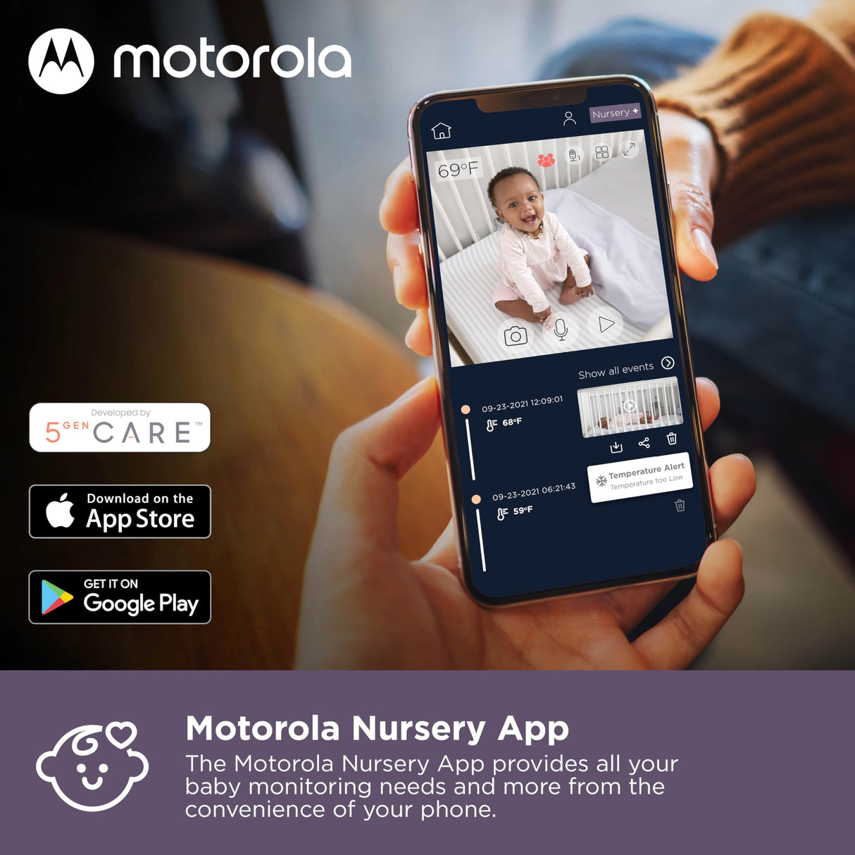 Motorola Nursery VM85 Connect Vigilabebés con Cámara – WiFi y App Móvil, Pantalla 5”, Visión Nocturna, Giro/Inclinación, Comunicación Bidireccional, Canciones de Cuna