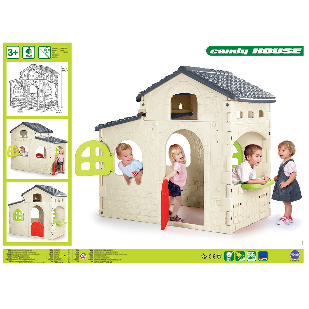 FEBER - Candy House, Casita Infantil para el Jardín, Colores Luminosos y Resistentes a la Luz Solar y Temperaturas, Fácil Montaje, Amplio Espacio con Buzón, Ventanas y Bandeja, Famosa (800012221)