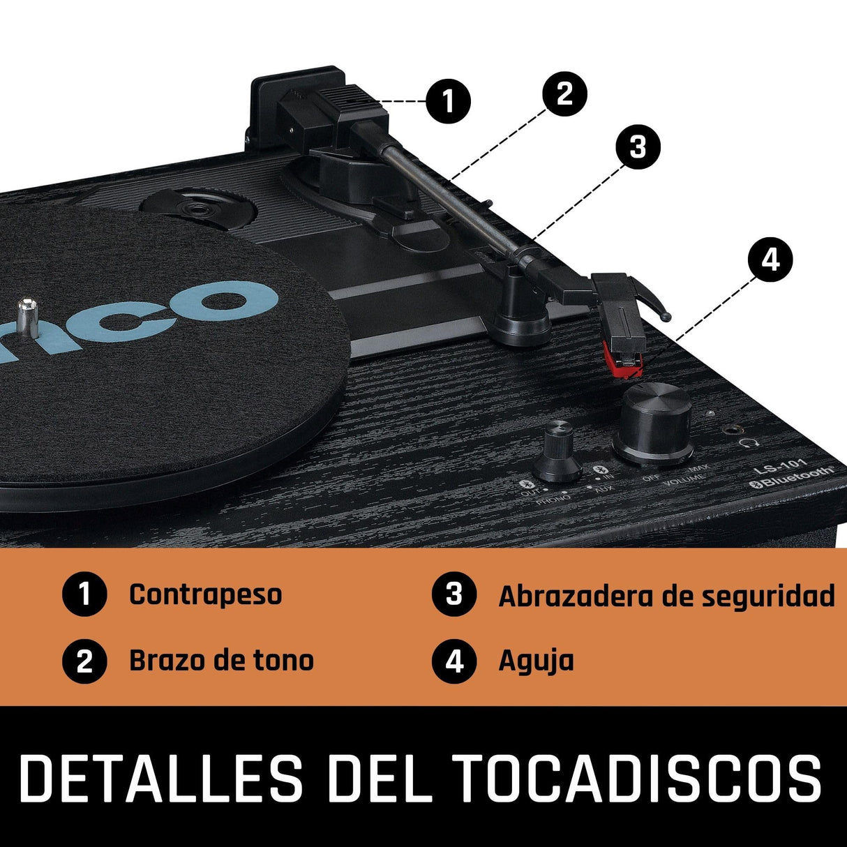 Lenco Turntable LS-101 - Giradiscos Bluetooth - Altavoz Externo con 2 x 10 vatios RMS - 3 velocidades - Transmisión por Correa - Negro