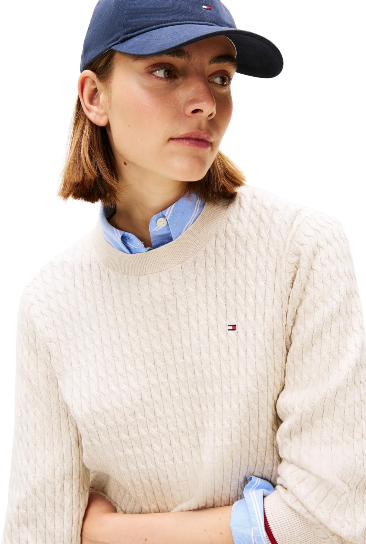 Tommy Hilfiger Jersey Mujer Cable Fine con Punto Trenzado, Beige (Htr Oatmeal GS Tipping), M
