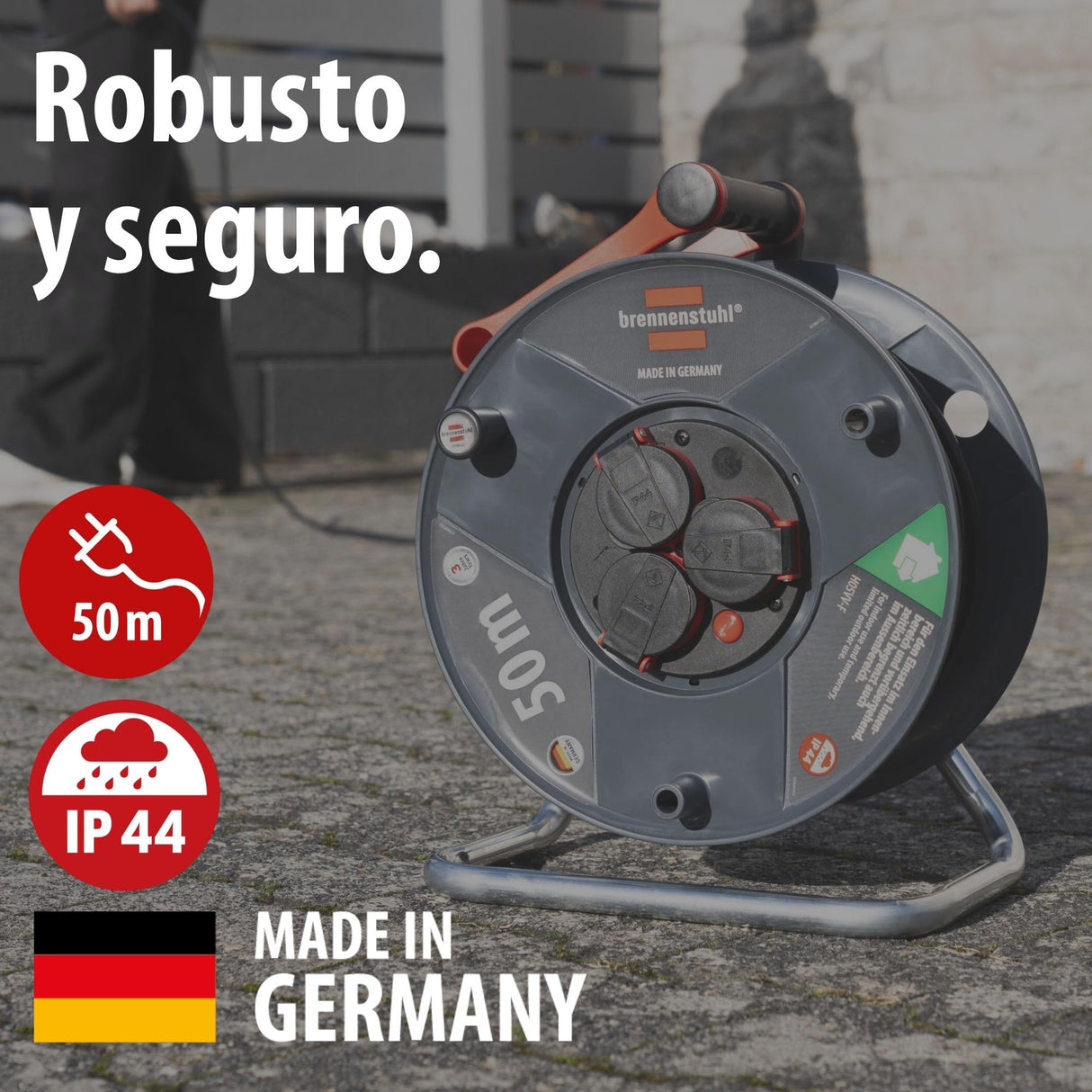 Brennenstuhl Enrollacables Garant V2 IP44 50m exterior (Made in Germany, 3 tomas de corriente con contacto de puesta a tierra, plástico especial)
