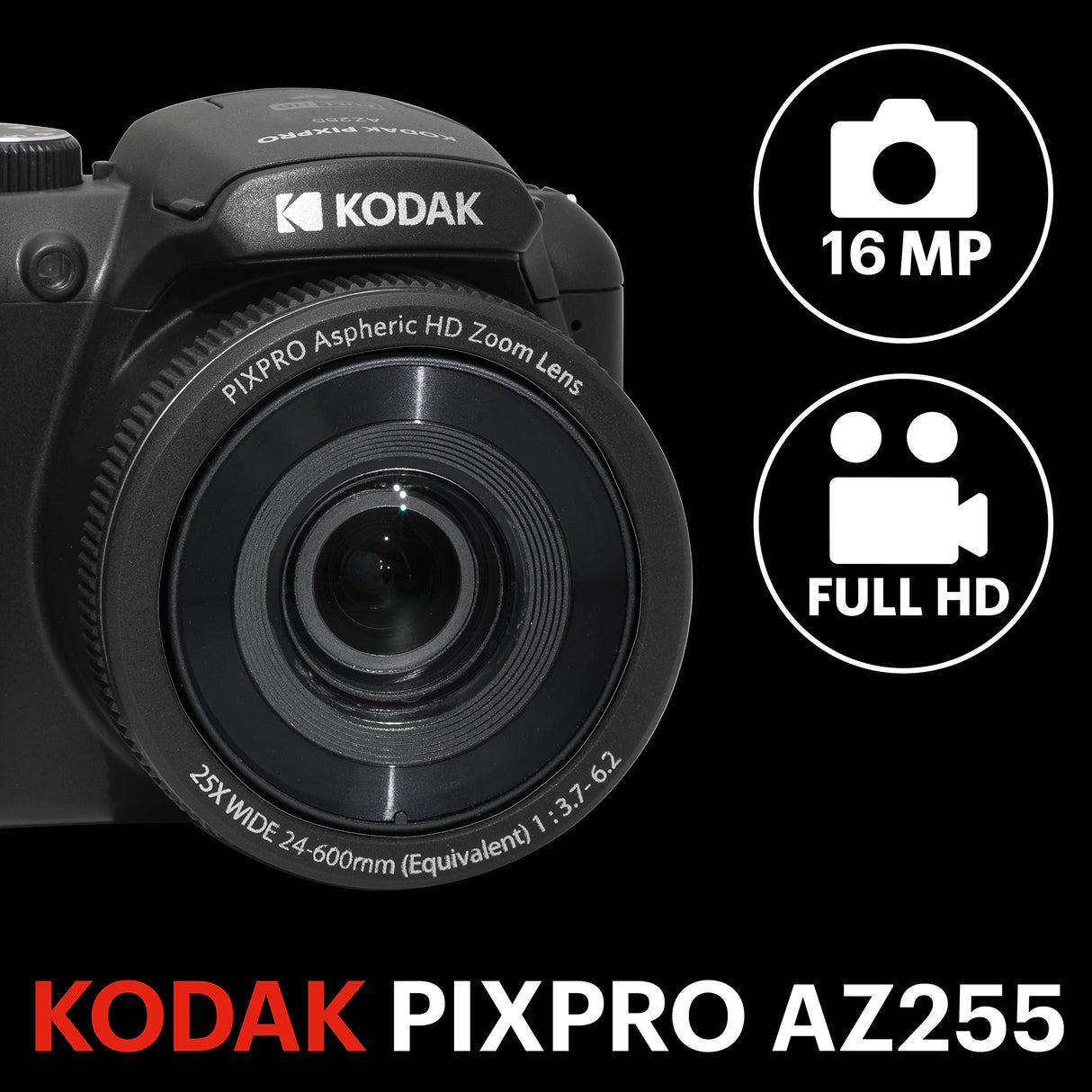 KODAK Pixpro Astro Zoom AZ255 + Tarjeta de Memoria SD de 32 GB – Cámara de Puente Digital de 16 MP, Zoom 25X, Video HD 1080p, Gran Angular de 24 mm, Pantalla LCD 3, Pila AA – Negro
