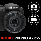 KODAK Pixpro Astro Zoom AZ255 + Tarjeta de Memoria SD de 32 GB – Cámara de Puente Digital de 16 MP, Zoom 25X, Video HD 1080p, Gran Angular de 24 mm, Pantalla LCD 3, Pila AA – Negro