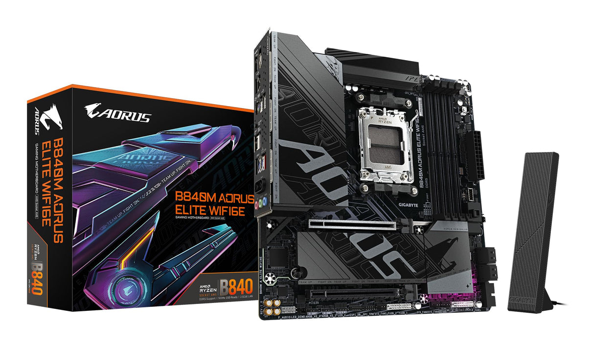 GIGABYTE B840M AORUS Elite WIFI6E Placa Base – Procesadores AMD Ryzen 9000, VRM de 10+2+2 Fases, hasta 8200 MHz DDR5 (O.C.), 2 x M.2 PCIe 4.0, Wi-Fi 6E, LAN 2.5 GbE, USB 3.2 Gen 2