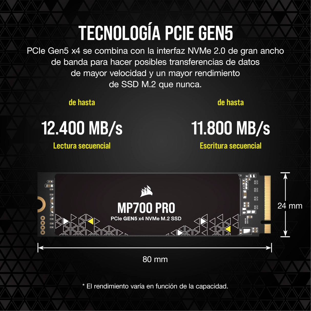 Corsair MP700 Pro 4TB SSD NVMe 2.0 M.2 PCIe Gen5 x4 de 2 TB - M.2 2280 - Lectura Secuencial de hasta 12.400 MB/s - NAND TLC de Alta Densidad - Negro