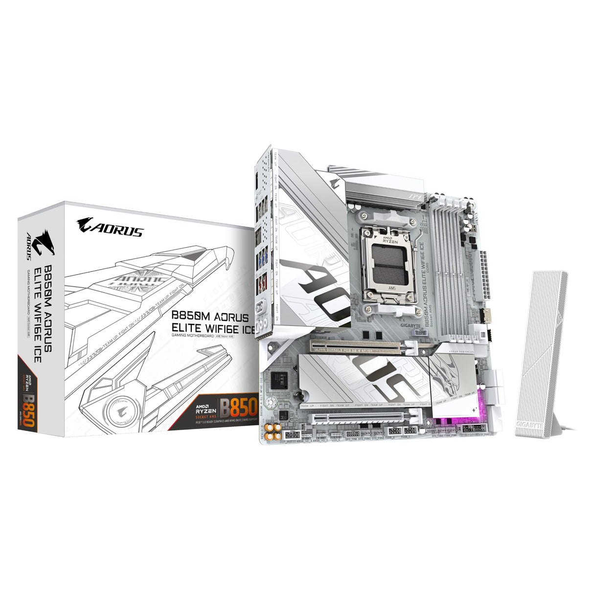 GIGABYTE B850M AORUS Elite WIFI6E Ice Placa Base - Procesadores AMD Ryzen Serie 9000, 12+2+1 Fases VRM Digitales, hasta 8200MHz DDR5 (OC), 1xPCIe 5.0 + 1xPCIe 4.0 M.2, LAN 2.5, WiFi 7, USB 3.2 Gen 2