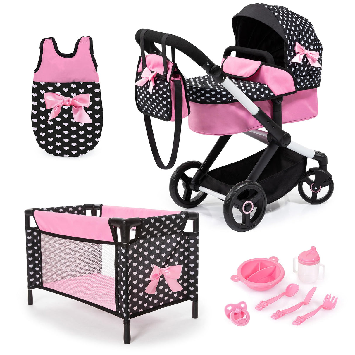 Bayer Design 17060AB Cochecito de muñeca XEO, Convertible, Regulable en Altura, Cuna de Viaje, Bolsa, Saco de Dormir, Accesorios