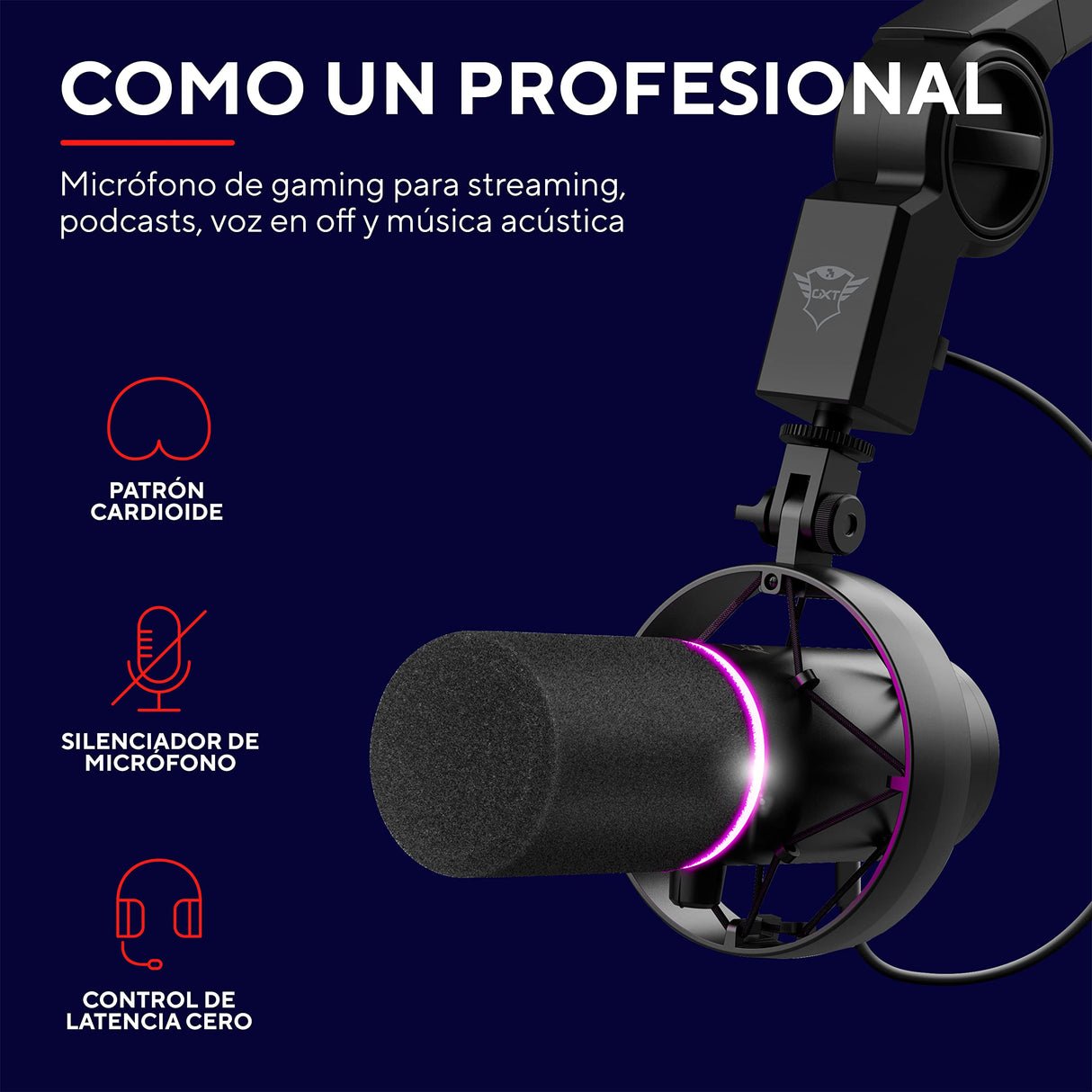 Trust Gaming 24354 GXT 255+ Onyx Micrófono Profesional con Brazo, Patrón Cardioide, con Filtro Pop, USB, LED, para Grabación, Podcasting, Streaming, Radiodifusión, Negro