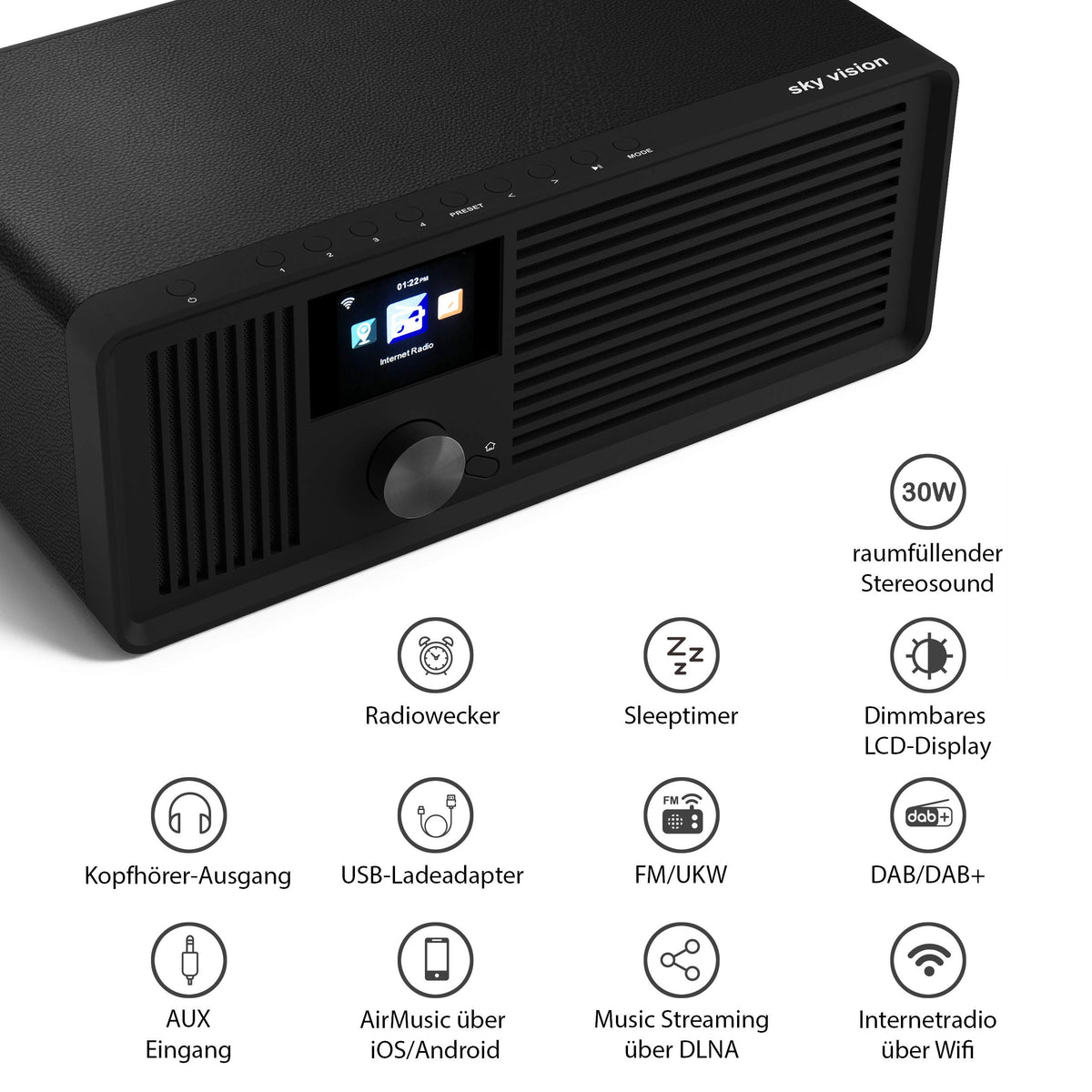 sky vision Dab 70 IR GB – Radio por Internet estéreo Dab+ (FM FM, WiFi, con Conector AUX Plus Cable, Radio Digital, Despertador con Mando a Distancia), Color Negro