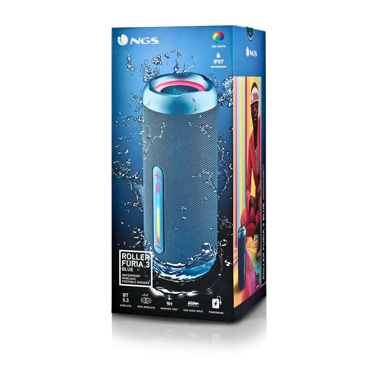 NGS Roller Furia 3 Blue - Altavoz Inalámbrico Compatible con Bluetooth, Impermeabilidad IPX7, 60 W, True Wireless, USB, Duración Batería 9 Horas, Azul …