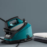 Rowenta Compact Steam Pro DG7623 Centro de planchado, 6.3 bares de presión, golpe de vapor de 325 g/minuto, suela antiarañazos deslizante, sistema eco, Color Azul/Negro