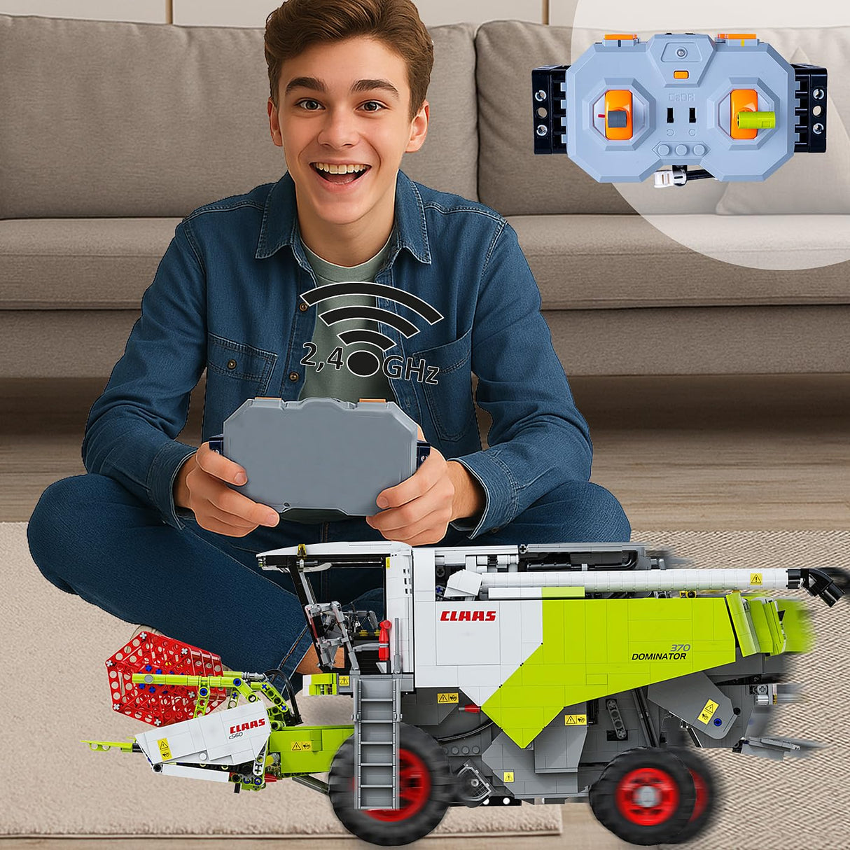 JAMARA 402873 Cada Claas Dominator 370 1:18 2,4 GHz Bricks, Agricultura Infantil a Partir de 14 años, tecnología RC para niños, Juguete teledirigido, Idea de Regalo para niños, Modo Dual
