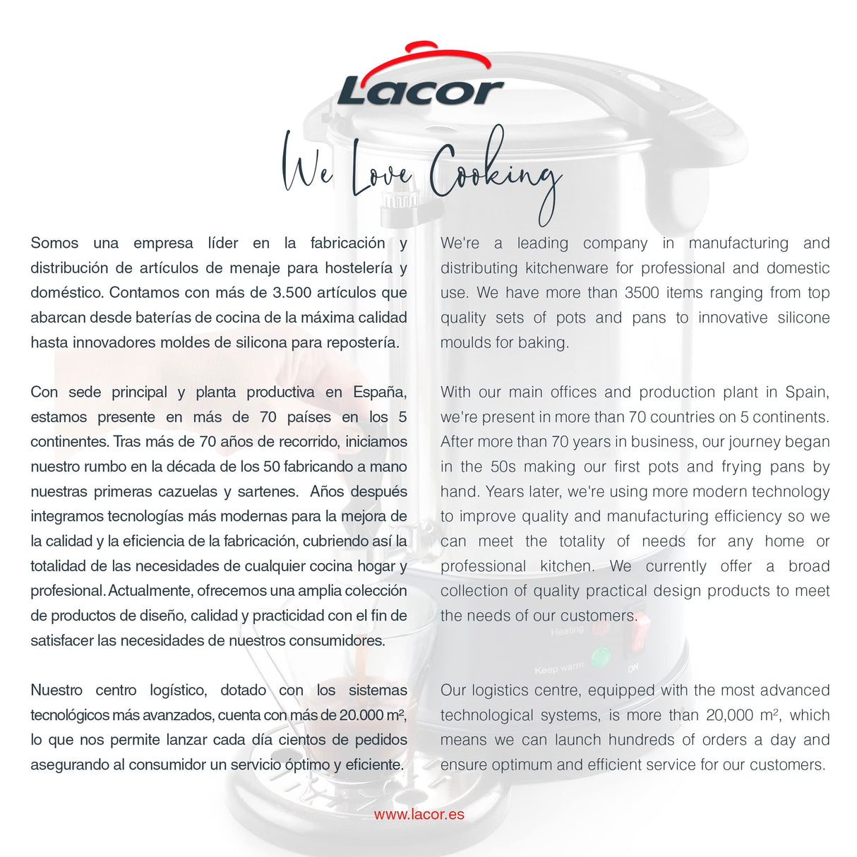 LACOR - 69486 - Cafetera Percoladora, Percolador Cafetera, Con 2 Sistemas de Calentamiento Independientes, Acero Inoxidable, Capacidad 6 L, 1500W