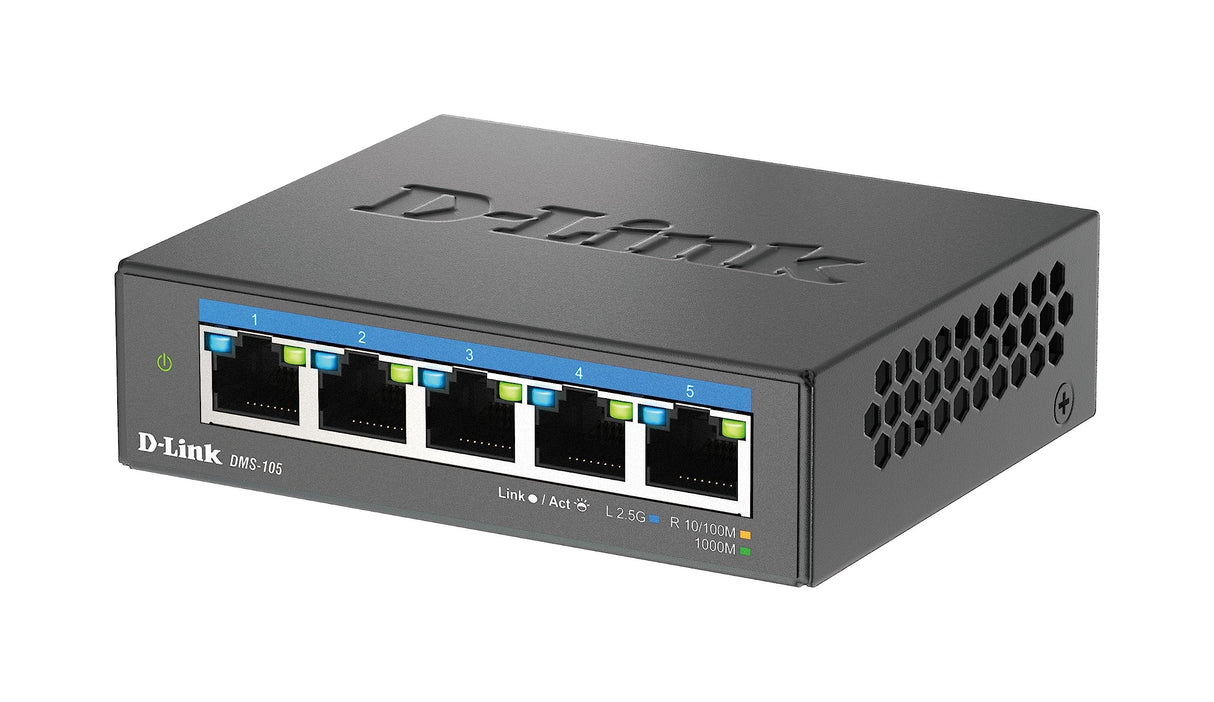 D-Link DMS-105, Switch Multigigabit, sin gestión, sobremesa, 5 Puertos 2.5 Gigabit (2.500 Mbps), Ideal para Enlace a NAS o servidores, metálico, Plug and Play, IGMP Snooping