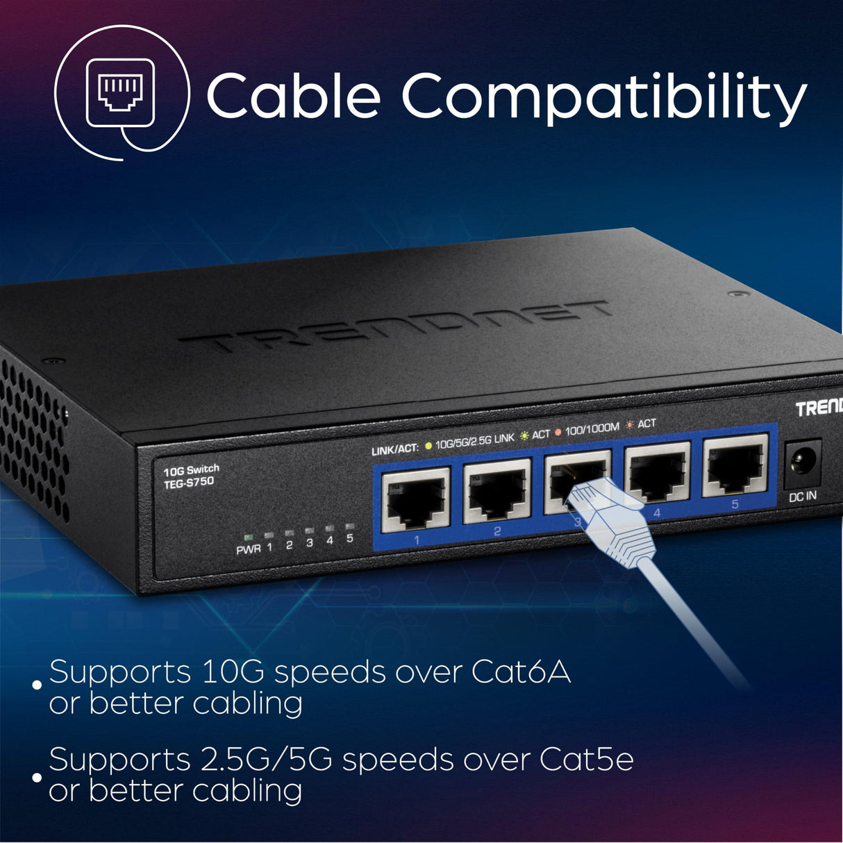 TRENDnet, TEG-S750, Conmutador de 5 Puertos 10G, 5 Puertos 10G RJ-45, Capacidad de conmutación de 100 Gbps, admite Conexiones 2.5G y 5G-Base-T, Negro