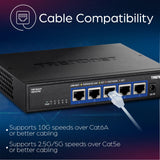 TRENDnet, TEG-S750, Conmutador de 5 Puertos 10G, 5 Puertos 10G RJ-45, Capacidad de conmutación de 100 Gbps, admite Conexiones 2.5G y 5G-Base-T, Negro