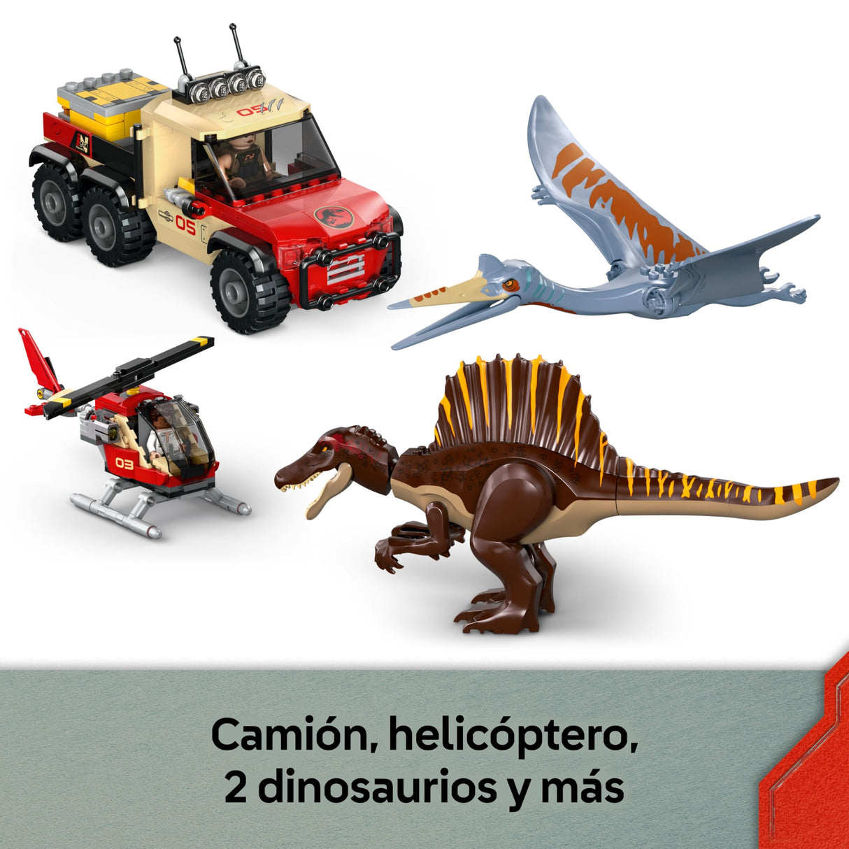 LEGO Jurassic World Misión Aérea: Spinosaurus y Quetzalcoatlus - 2 Figuras de Dinosaurios, Camión y Helicóptero de Juguete y 4 Minifiguras - Regalo para Niños y Niñas de 8+ Años 76976