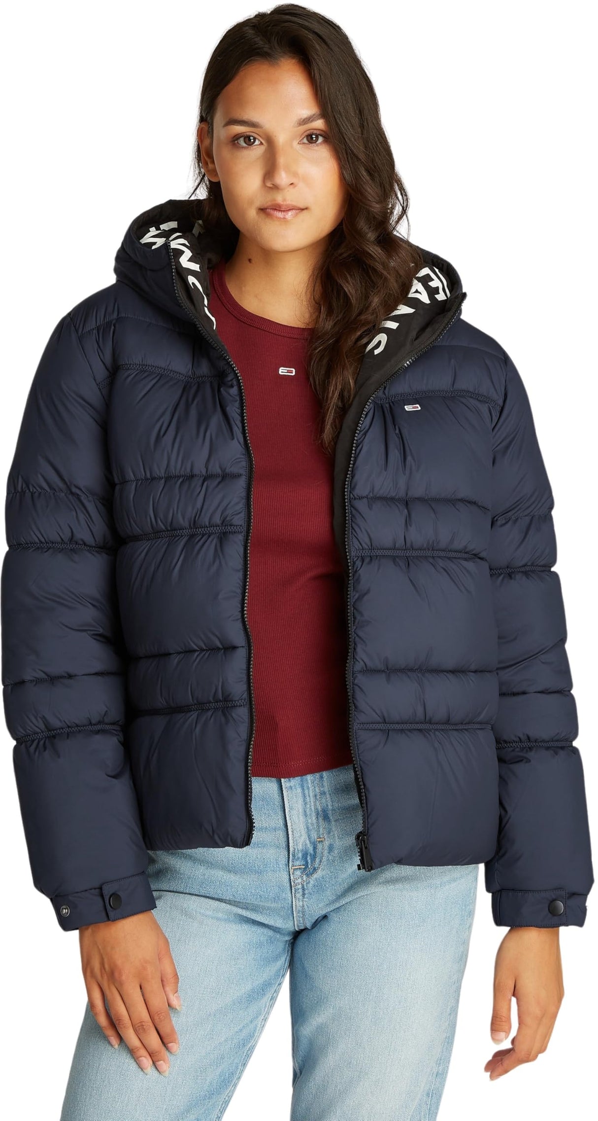 Tommy Jeans Cazadora Acolchada Mujer Quilt Rouch Tape Jacket con Capucha, Azul (Dark Night Navy), XS