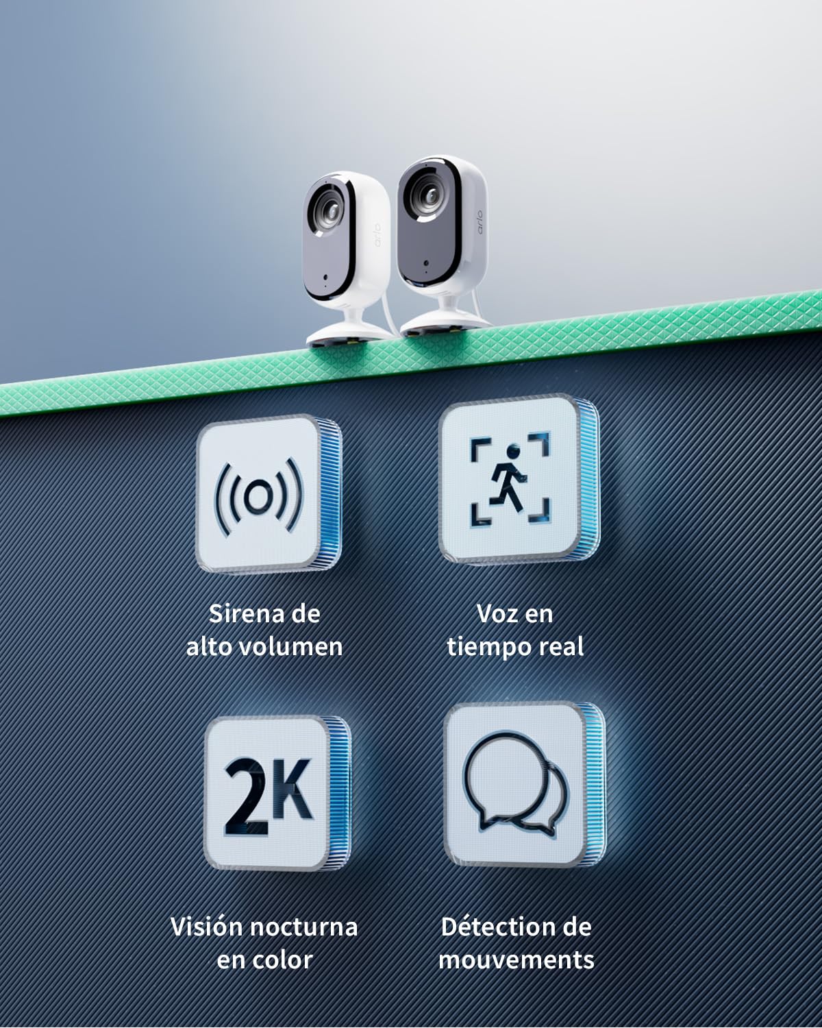 Arlo Essential 2 Indoor Camara Vigilancia Bebe/Mascotas 2K, Sensor de Movimiento, Alarmas Para Casa, Visión Nocturna, Prueba Arlo Secure Incluida, con cubierta de lente automática, 2 Cámaras, Blancas