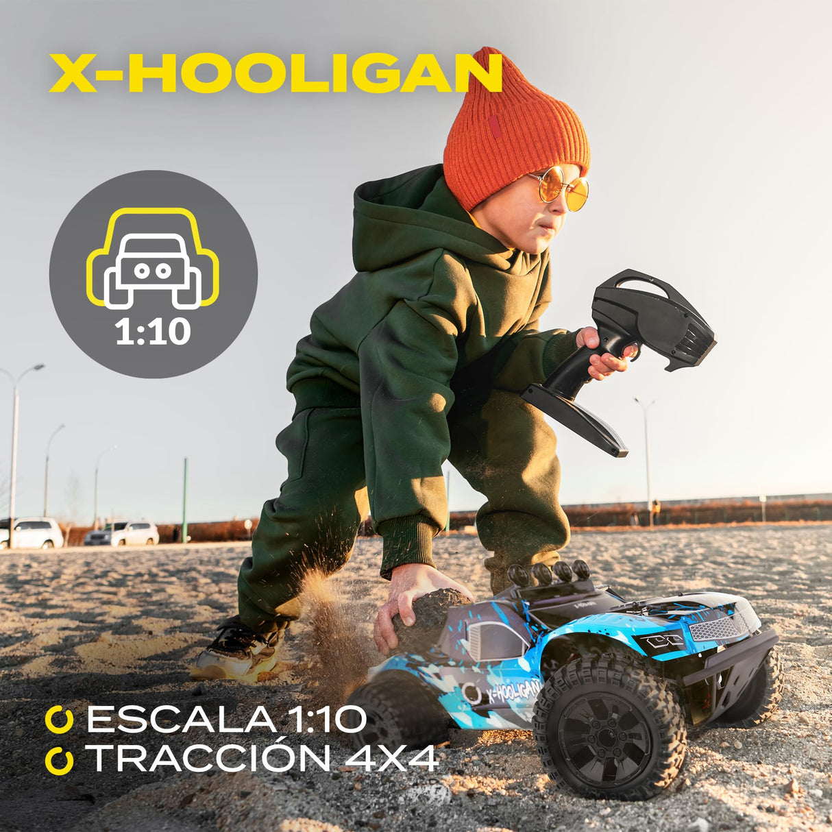 Overmax X-Hooligan Gran Coche de Control Remoto Rápido Escala 1:10 Velocidad 35 km/h Alcance 100 Metros 4x4 Drive 40 Minutos Conducción Diversión Iluminación LED