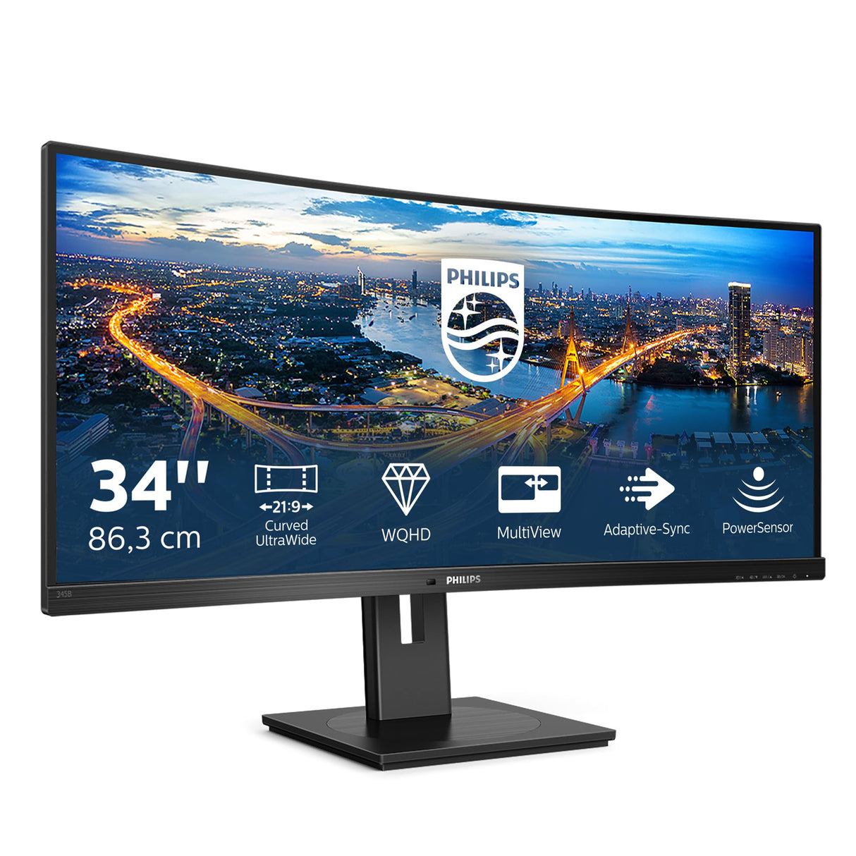 Philips 345B1C Monitor 34 Pulgadas UWQHD Curvo, 100Hz, VA, 5 ms GtG, Adaptive Sync., Altura Ajustable, Altavoces (3440x1440, 2X HDMI 2.0, 1x DP 1.2, USB-Hub), Negro