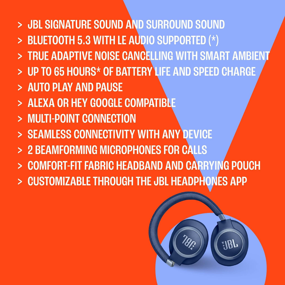 JBL Auriculares inalámbricos circumaurales Live 770 NC, con tecnología Bluetooth y cancelación adaptativa de ruido, hasta 65 horas de reproducción, blanco