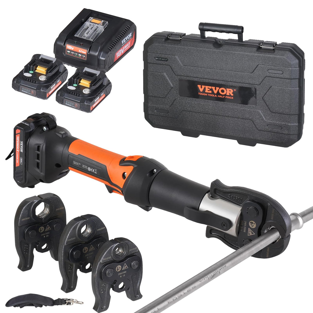 VEVOR Kit de Herramientas para Engarzar Tuberías Eléctricas con 2 Baterías de 18 V 2,0 Ah, Engarzadora Profesional con Mandíbulas V15, V22, V28, Cargador Rápido y Estuche de Transporte 360°