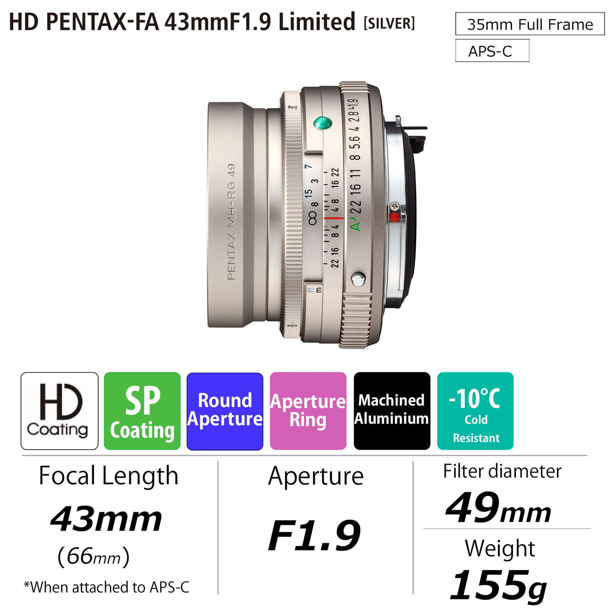 Pentax PENTAX-FA - Objetivo Gran Angular (43 mmF1.8, Revestimiento HD, para Sistema Pentax K con Sensor de 35 mm, Formato Completo, 20150), Color Plateado