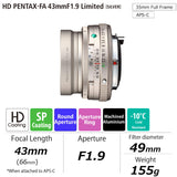 Pentax PENTAX-FA - Objetivo Gran Angular (43 mmF1.8, Revestimiento HD, para Sistema Pentax K con Sensor de 35 mm, Formato Completo, 20150), Color Plateado
