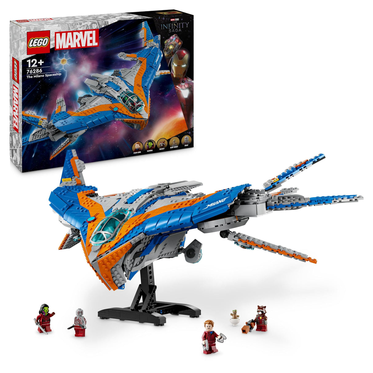 LEGO Marvel Guardianes de la Galaxia: La Milano Nave Espacial de Juguete de Construcción con 4 Minifiguras Inc. Gamora y Star Lord, Figura de Groot, Regalo para Niños y Niñas de 12 Años o Más 76286