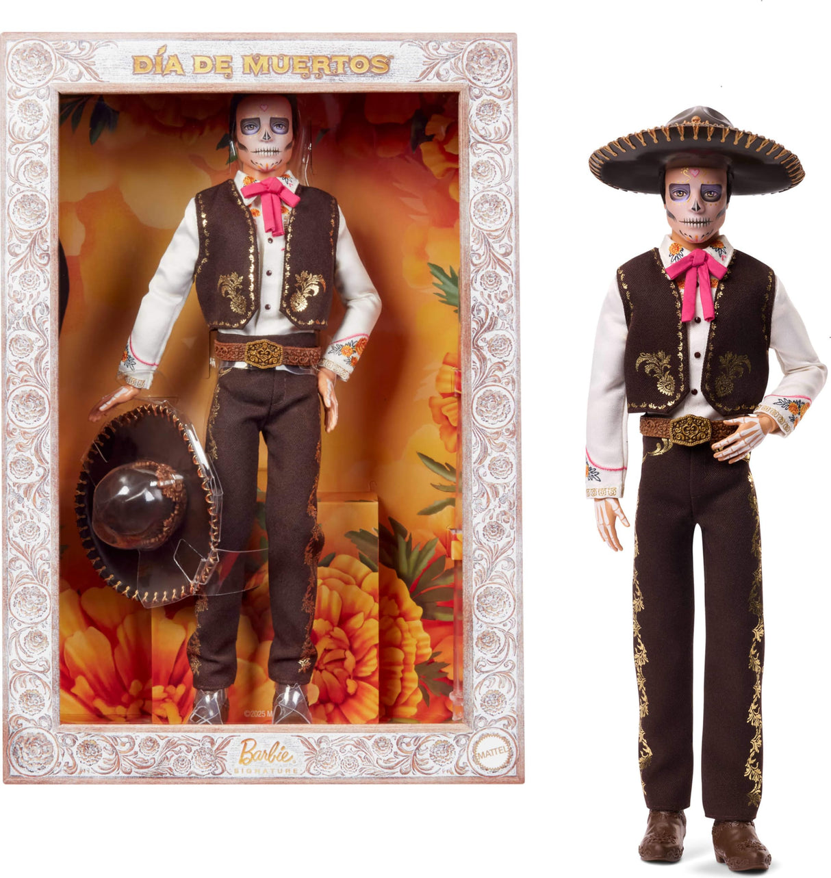 Barbie Signature, Día de Muertos 2025, muñeco Ken Coleccionable con Camisa Color Crema, Chaleco Negro y Pantalones, Sombrero y Maquillaje de Calavera, JBJ06