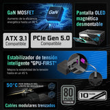 ASUS ROG Thor 1200W Platinum III Fuente de alimentación, 80 Plus Platinum, ATX 3.1, MOSFET GAN, Estabilizador de Voltaje Inteligente, Pantalla OLED magnética, Modo Turbo, 10 años de protección