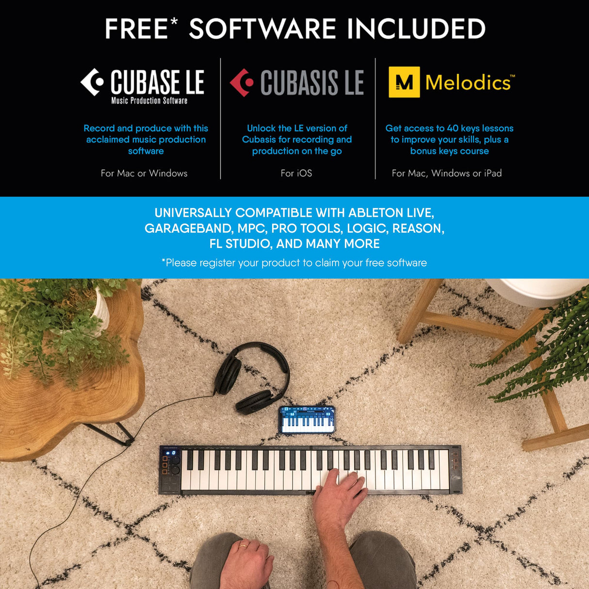 Carry-on FC-49 Teclado Controlador USB Midi/Midi Over Bluetooth Construido con Arpegiador, Pad X/Y, Incluye Cubase LE OEM y Cubase LE OEM IOS DAW Music Software