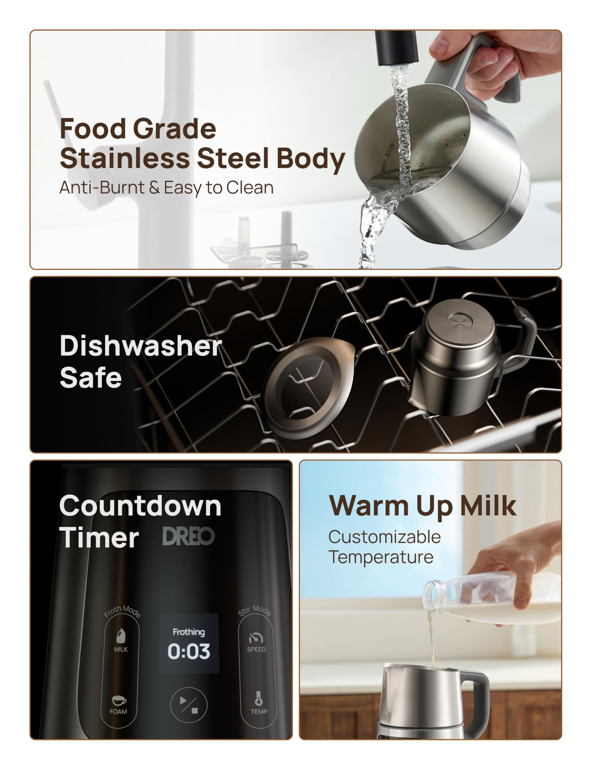 Dreo Espumador de Leche Todo en Uno, Creador de Espuma Automático para Microespuma de Nivel de Arte en Latte y Café Caliente/Frío, Calentador de Leche Eléctrico de 27oz/800ml con más de 30 Bebidas