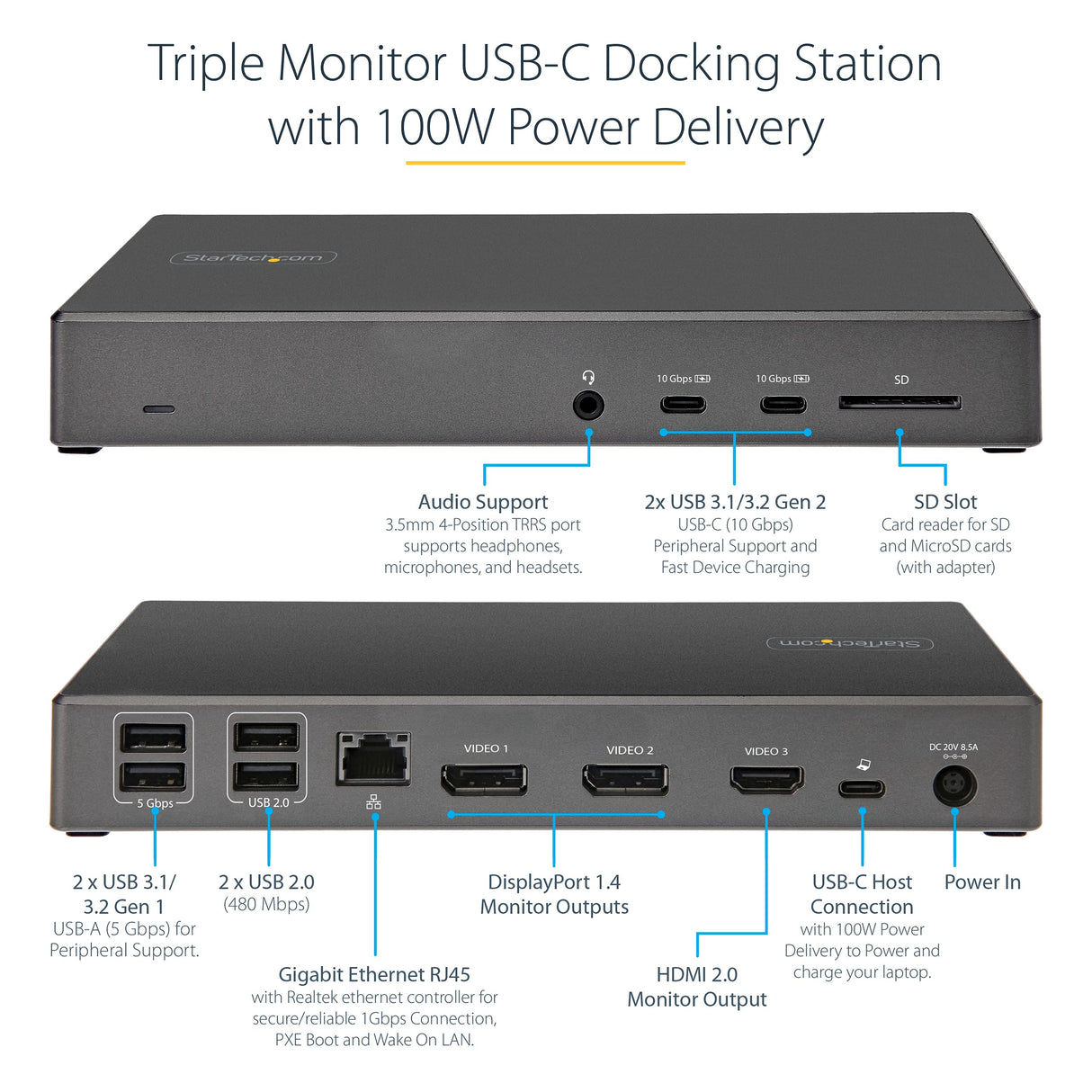 StarTech.com Dock USB-C, para 3 Monitores de 4K, con 100W de Entrega de Alimentación PD, Modo Alt DP 1.4 y DSC - 2x DisplayPort 1.4/HDMI 2.0, 6xUSB, Windows o Chrome, DK31C2DHSPDUE