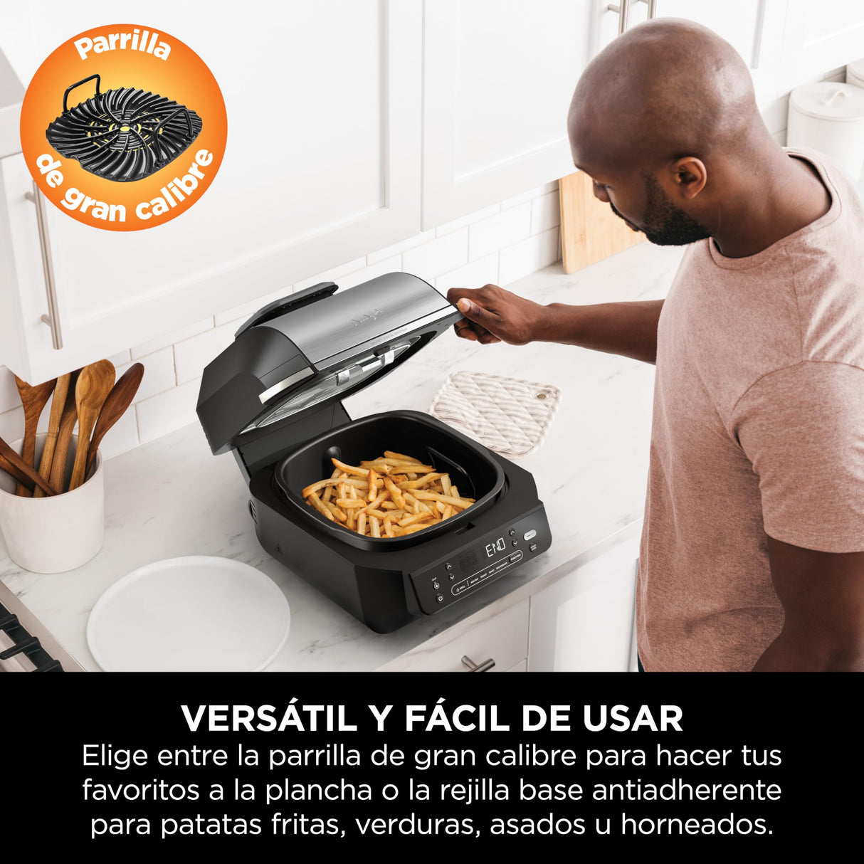 Ninja 5 en 1 Freidora de aire y parrilla de interior, 5 funciones de cocción sin humo, cocina hasta 4 hamburguesas, capacidad de 5,7 l, incluye termómetro digital para carne, negro/plata, EG351EU