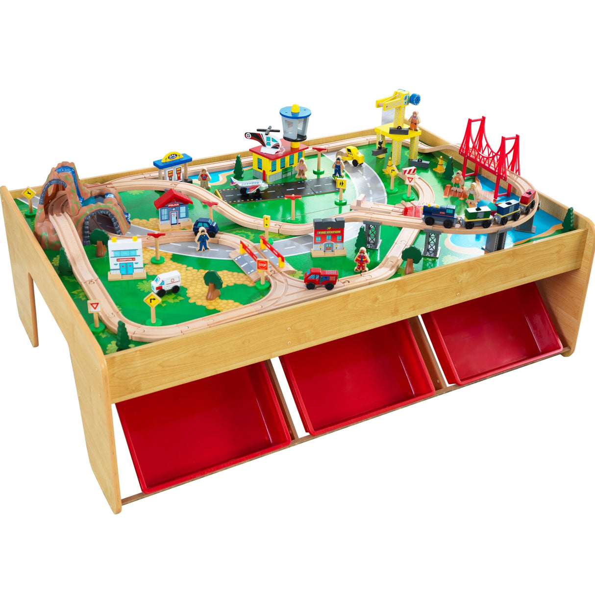 KidKraft Juego de Tren y Mesa de Madera Waterfall Mountain con Cajas de Almacenamiento, Circuito de ferroviarias con Coches, helicóptero y avión de Juguete niños 3+ años (17850)