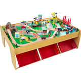 KidKraft Juego de Tren y Mesa de Madera Waterfall Mountain con Cajas de Almacenamiento, Circuito de ferroviarias con Coches, helicóptero y avión de Juguete niños 3+ años (17850)