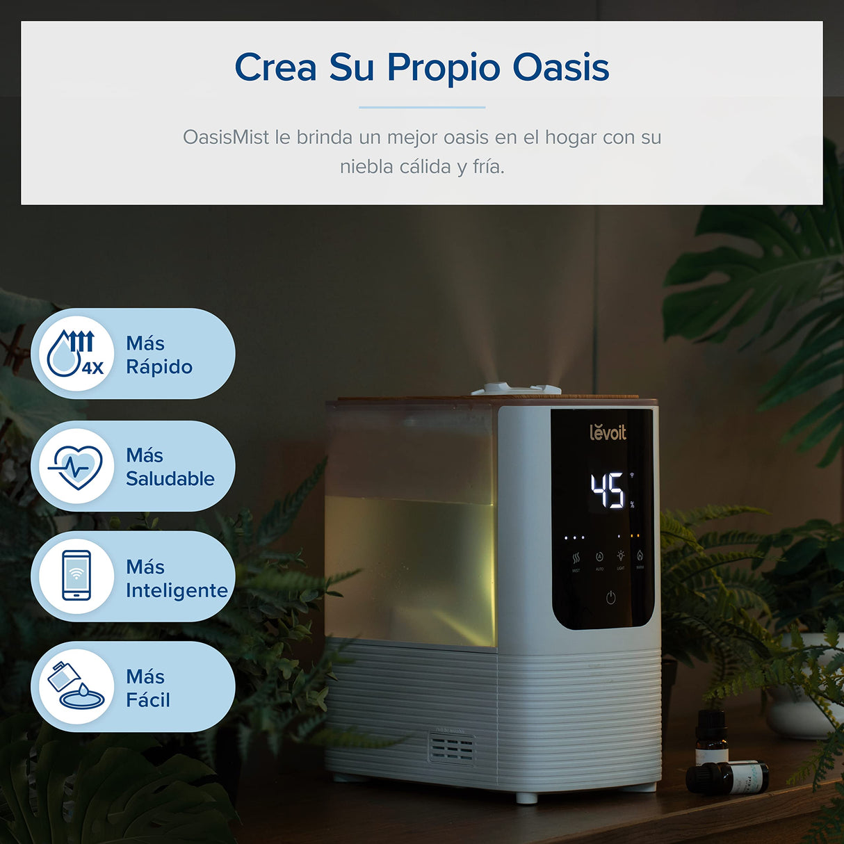 LEVOIT OasisMist 4.5L Humidificador Inteligente, Niebla Caliente & Fría a 45h y 40m² , Modo Auto, Luz Personalizada, Aromaterapia y Silencioso 26dB para Bebés y plantas,Temporizador, Amazon Exclusive