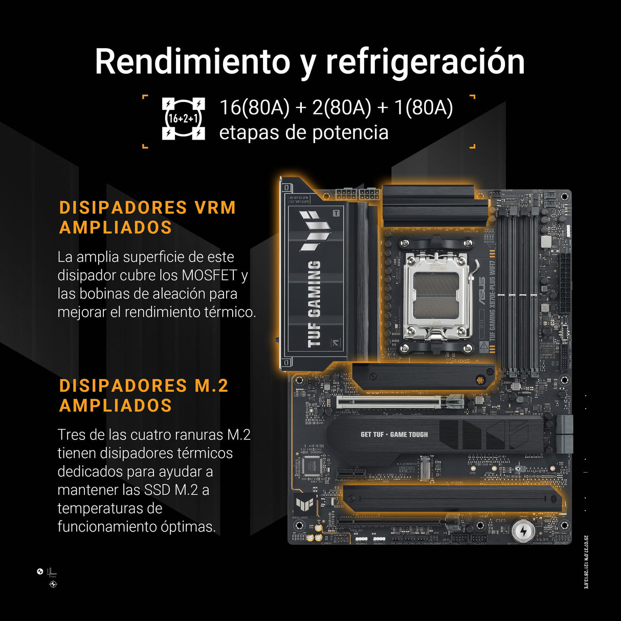 ASUS TUF Gaming X870E-PLUS WIFI7 Placa Base AMD X870E ATX, VRM de 16+2+1 Fases, DDR5, PCIe 5.0, Q-Release Slim, M.2, WiFi 7, USB4 Tipo-C, Aura Sync, AI Cooling II, AI Networking II y AI Overclocking