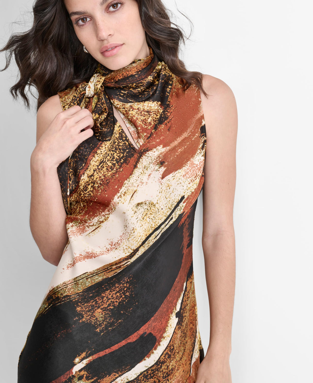 DKNY Sleeveless Printed Tie Neck Dress Vestido, Paint Stroke, XL Mujeres