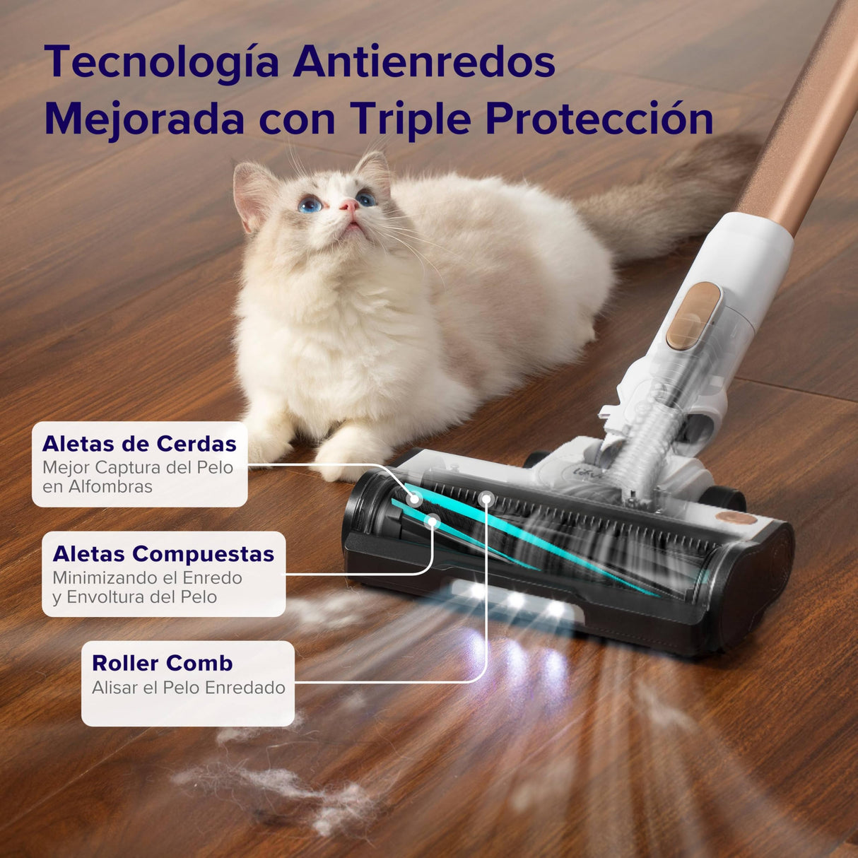 LEVOIT Aspiradora sin Cable, 4 en 1 Aspirador Escoba con Tecnología Antienredos, 3 Modos y hasta 50Min, 99,9% de Filtración, Ligero y Luz LED, Potente para Pelo de Mascotas, Polvo, Suelos Duros