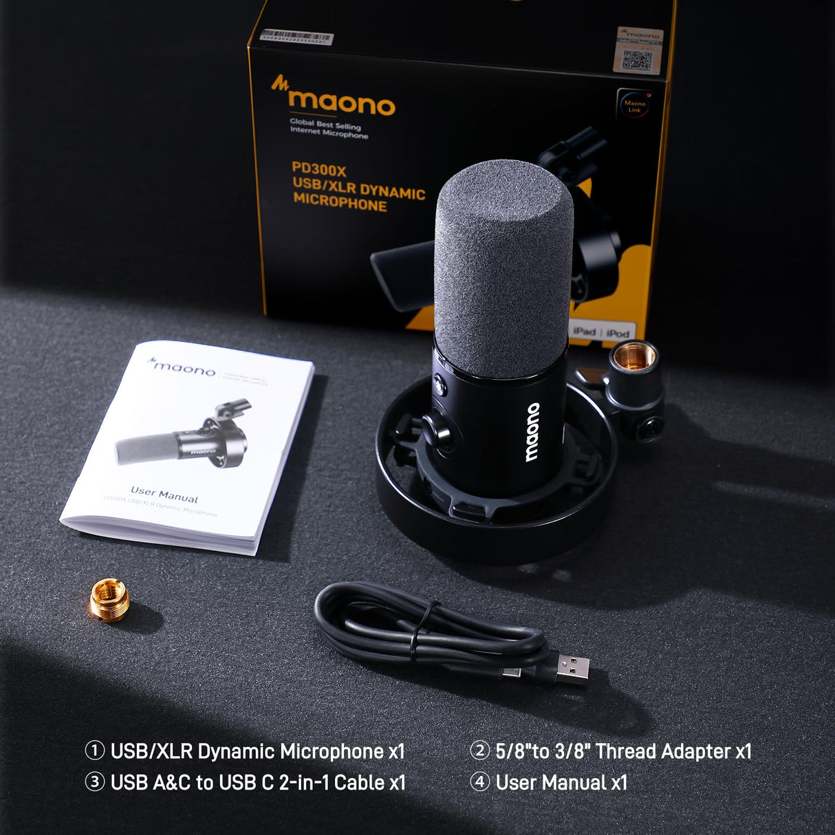 MAONO Micrófono PD300X para Podcast, Micro Profesional XLR/USB, Hi-FI 192 kHz/24 bits, reducción de Ruido, Software Link, para podcasting y grabaciones de Voz en Estudio
